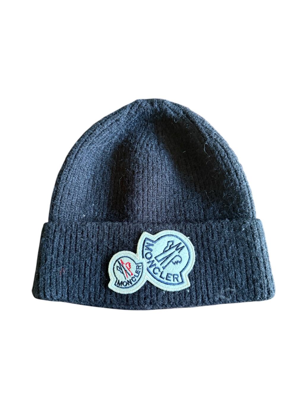 Moncler Black Ribbed Knit Double Logo Cuff Beanie